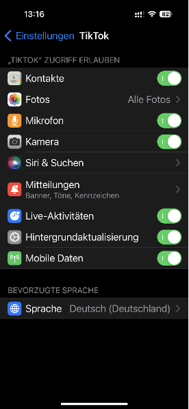 Berechtigungen der App TikTok über das iPhone-Betriebssystem iOS